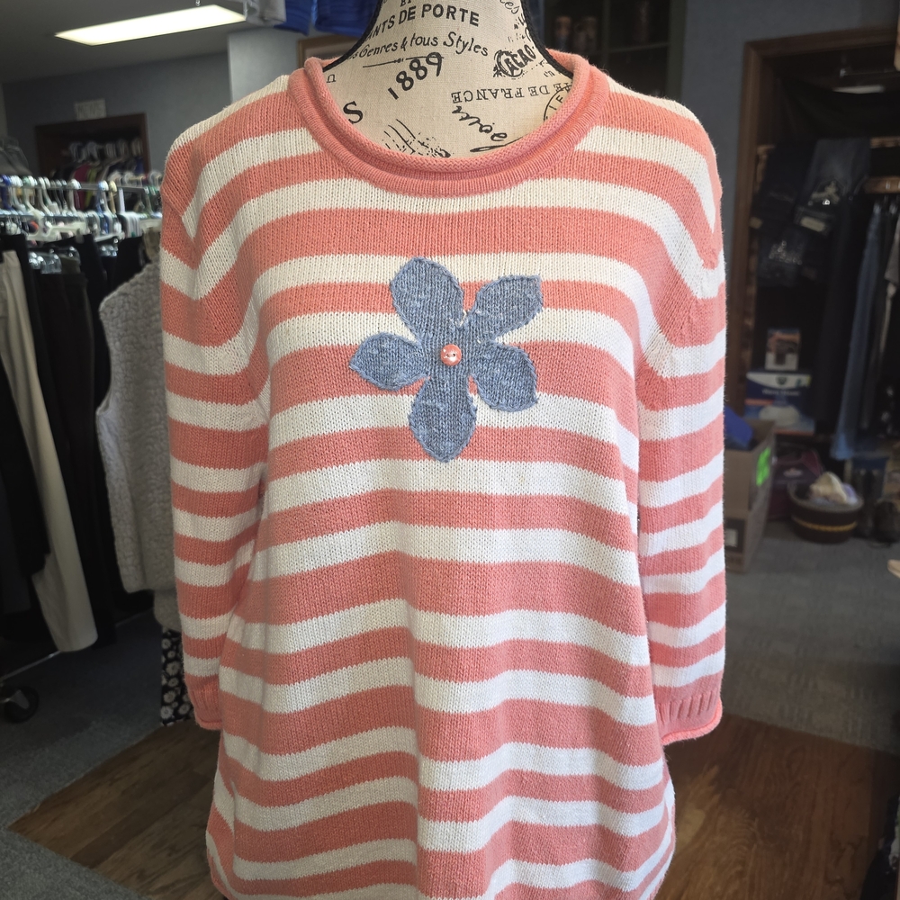 Y2K C. J. Banks Striped Sweater with Hand Embroidered Blue Flowers